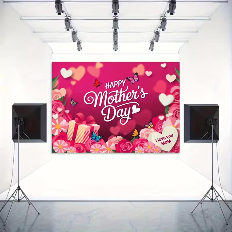 2D Romantic Mother's Day Backdrop Pink Heart and Flower Butterfly Decoration for Photo Booth