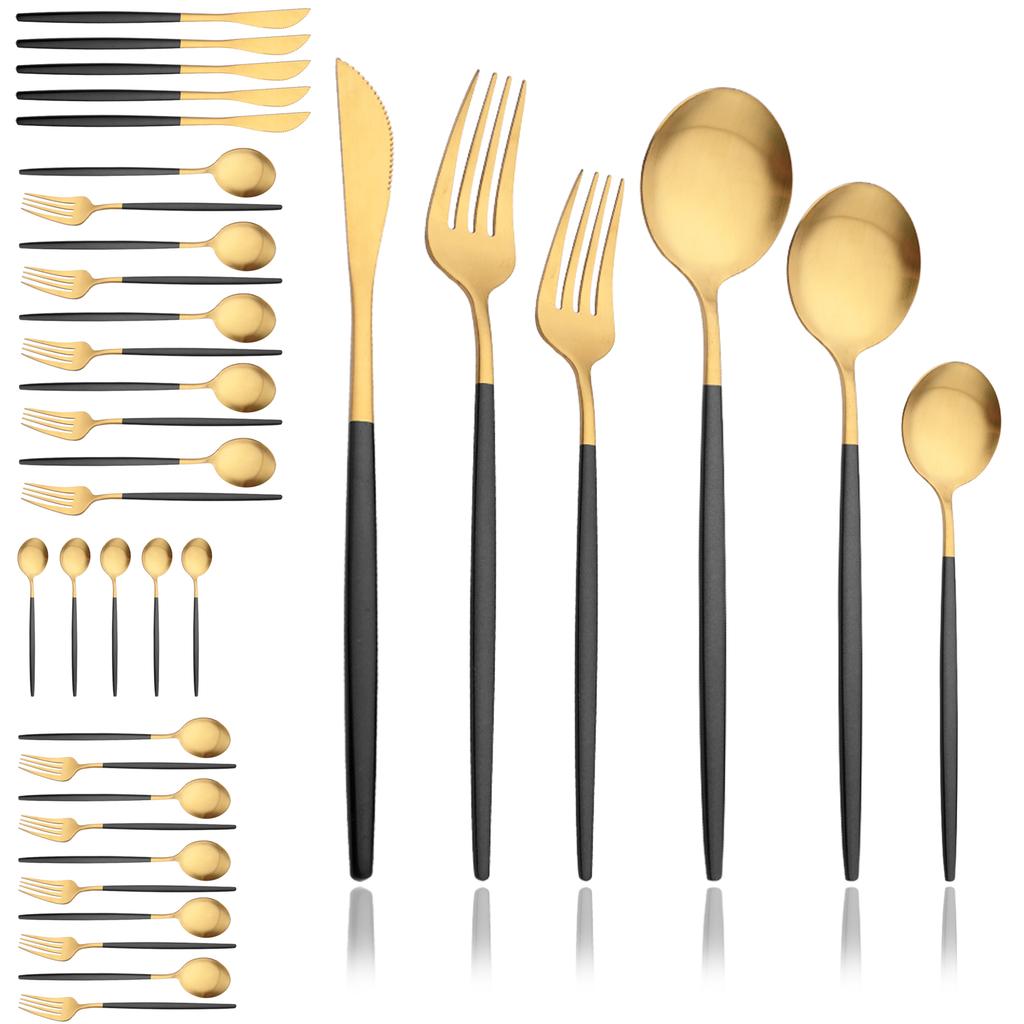 Black Gold 36Pcs Matte Flatware Dinnerware Set Knife Dessert Fork Spoon Dinner Set Stainless Steel Tableware Kitchen Cutlery Set