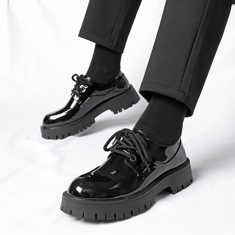 Fashion New Solid Color Men's Thick-Soled Lace-Up Casual Shoe Round-Toed Comfortable British-Style Business Shoe Anti-Slip Walking Shoes