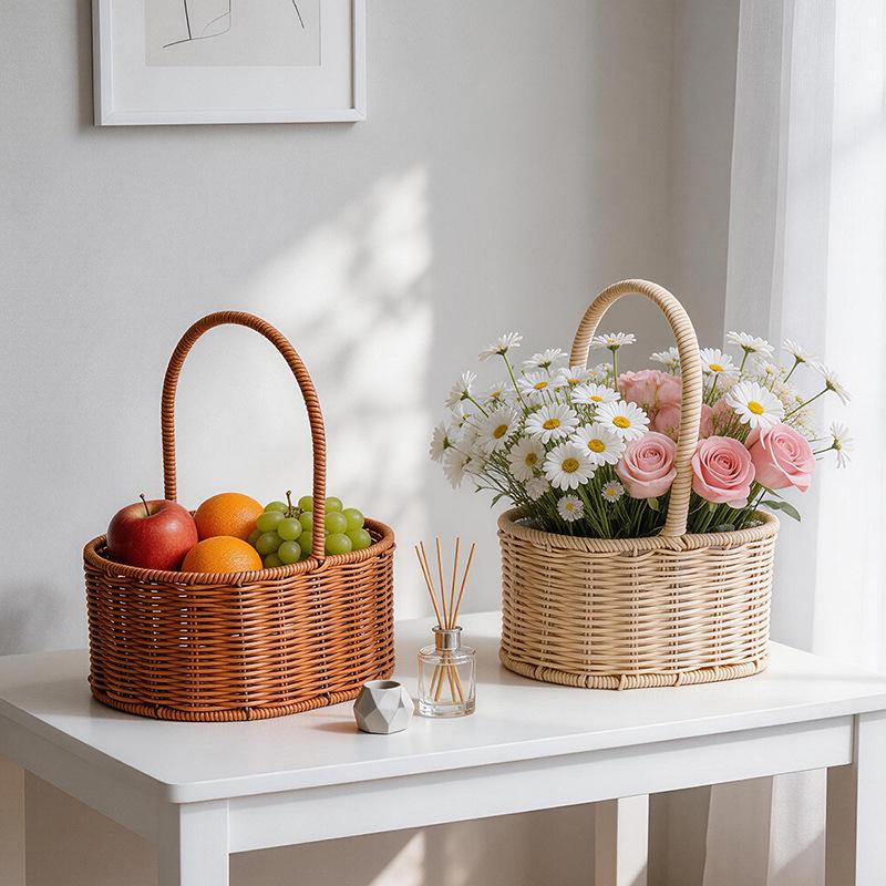 Pastoral Style Handmade Oval Rattan Flower Basket for Green Plants and Souvenir Storage
