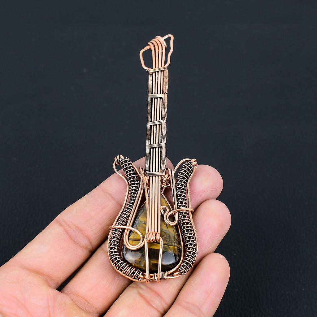 Natural Tiger Eye Gemstone Handmade Copper Wire Wrap Guitar Pendant 4.53 F4t52