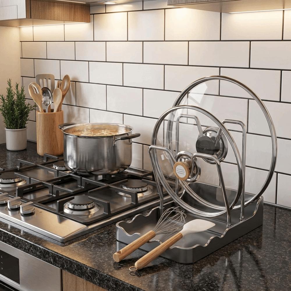 Plastic Double Layer Pot Lid Rack Large Capacity Draining Pot Lid Storage Rack Space Saving Non-slip Pan Lid Organizer