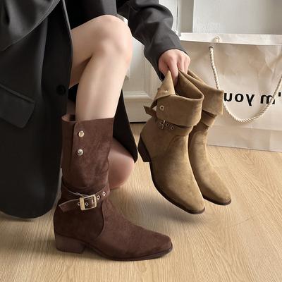 Coarse Heel Suede Medium Boots Women's Pile Boots 2025 Autumn and Winter New Spice Girl Retro Pointed Square Heel Western Cowboy Boots