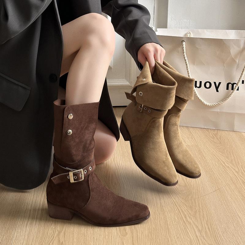 Coarse heel suede medium boots women's pile boots 2025 autumn and winter new Spice Girl retro pointed square heel western cowboy boots