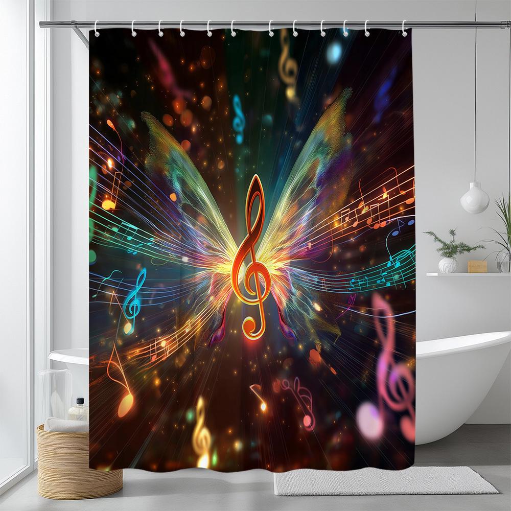 

Vibrant Musical Butterfly Print Waterproof Shower Curtain For Bathroom, Colorful Notes Design High-End Toilet Partition Curtain W60H190(CM)-1 Pcs
