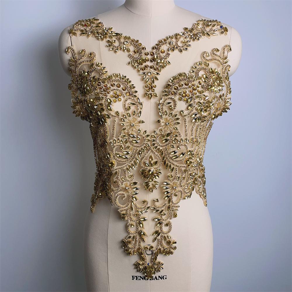 Many Color in Stock Handmade  Sew on Rhinestone Bodice Patches Appliques Sew on for Wedding Party Large золотой