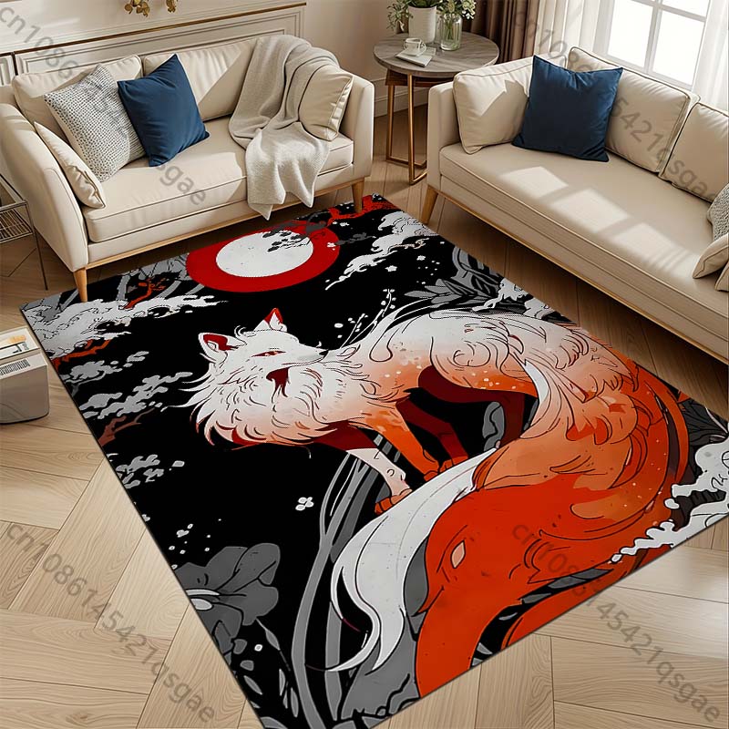 White fox red moon night forest mystical Print Carpet for Living Room Bedroom Sofa Home Decor Non-slip Mat Luxury Gift