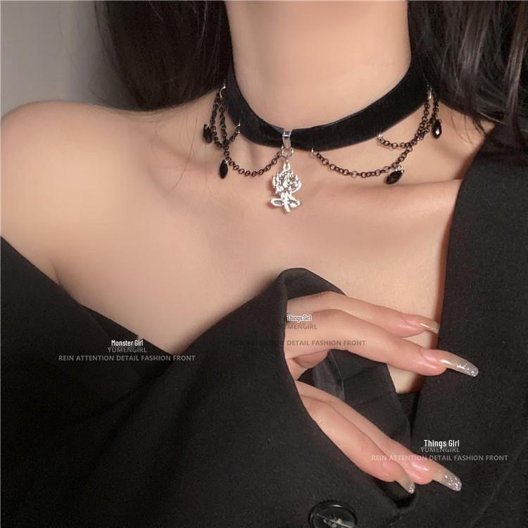 Lolita Camellia Choker Necklace for Women - Dark Clavicle Chain, Maid Style Neckband Collar