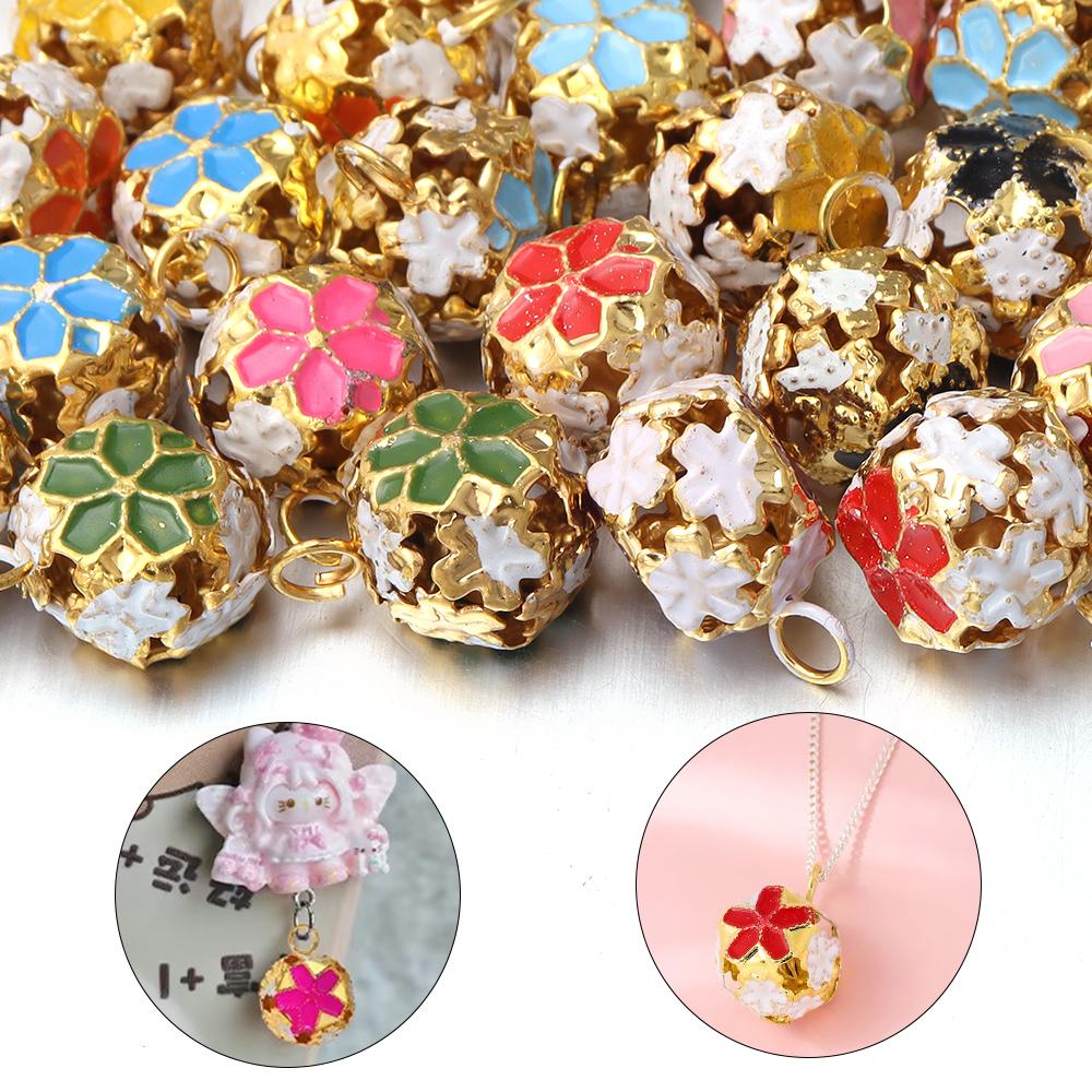 10pcs 14mm Metal Enamel Flower Ball Bell Charms Colorful Hollow Out Bell Pendant For Jewelry Making DIY Necklace Phone Key Chain