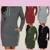 Damen Kapuzen Mini Kleid Lässiges Langarm Sweatshirt Pullover Enganliegend Mit Taschen