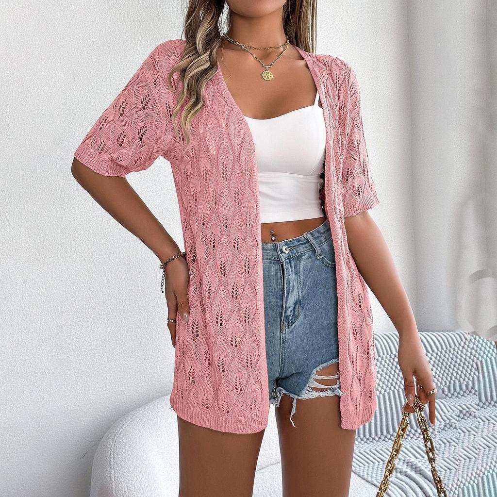 Damen Frühling Sommer Solide Check Pullover Strickjacke Elegante V-Ausschnitt Lose Strickoberteile