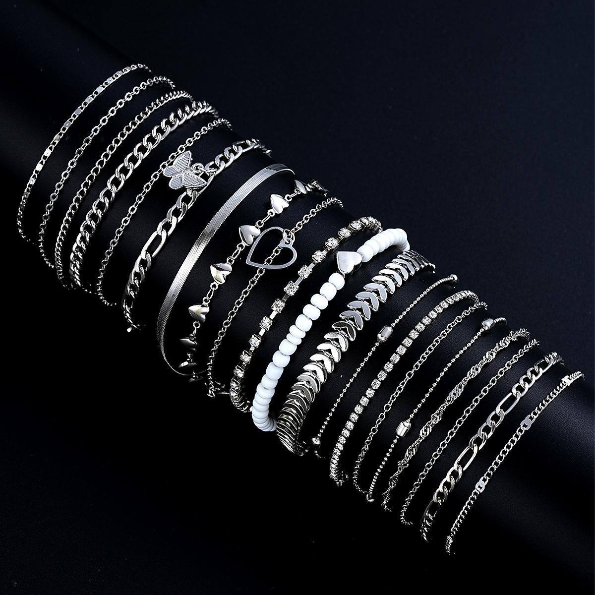 

19 шт./набор Новый дизайн Серебряный цвет Наборы браслетов на ногу для женщин Мода Жемчуг Бабочка Сердце Кристалл Цепочка на ногу Универсальные повседневные украшения