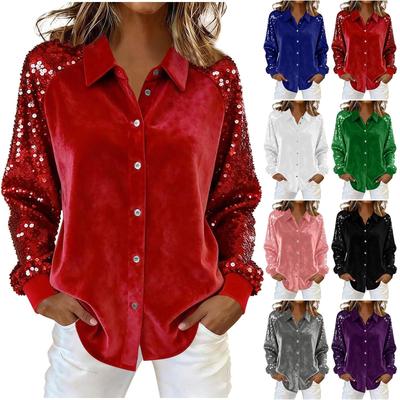 Moda para Mujer Color Sólido Cuello Manga Larga Botón Brillo Terciopelo Dorado Empalmado Camisa Top
