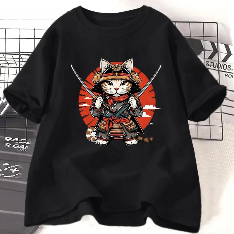 Samurai Cat Print Tshirts Summer Casual Harajuku Fashion Unisex Streetwear Y2K Short Sleeve Tops Oversize ONeck Tshirts