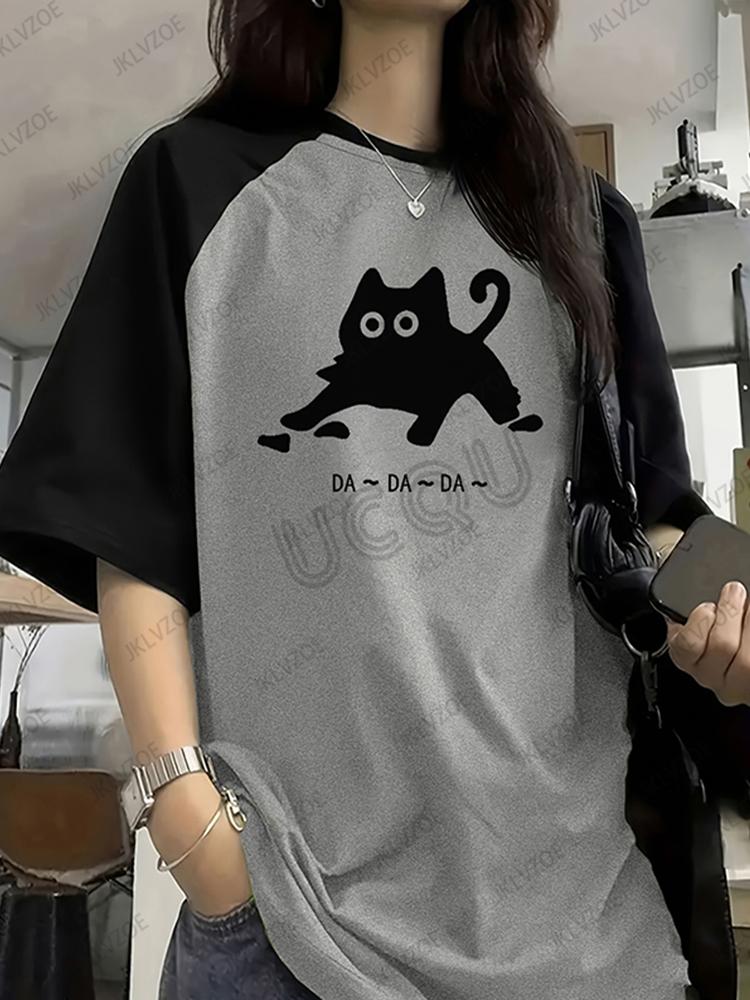 

Summer Fun Cat Print Women s Patchwork Short-Sleeve T-Shirt Harajuku Style Soccer Jersey Sporty Loose Top XL