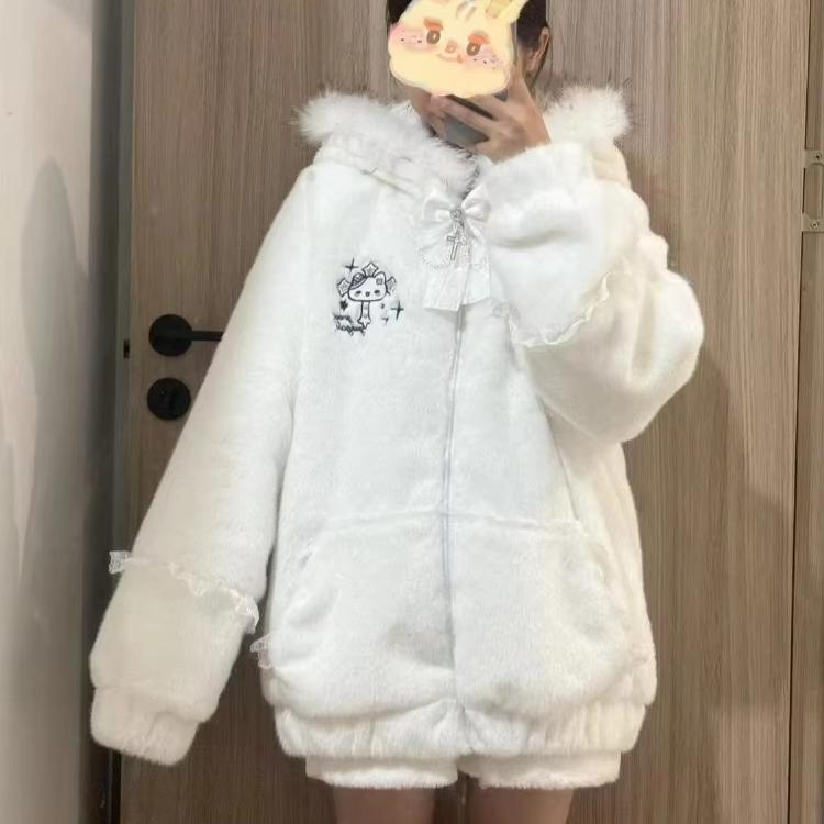 Japanische Süße Niedliche Mäntel Verdickt Mit Kapuze Pelzkragen Ohren Schleife Spitze Locker Jacken Y2k Ästhetik Oberteile Preppy Stil Damenbekleidung