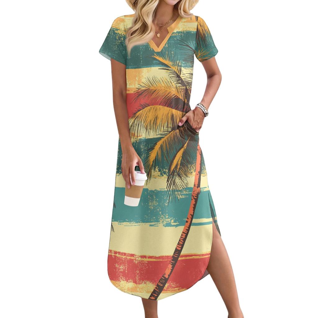 Women's Casual Comfortable V-Neck Loose Hem Split Vacation Short Sleeve Beach Long Dresses