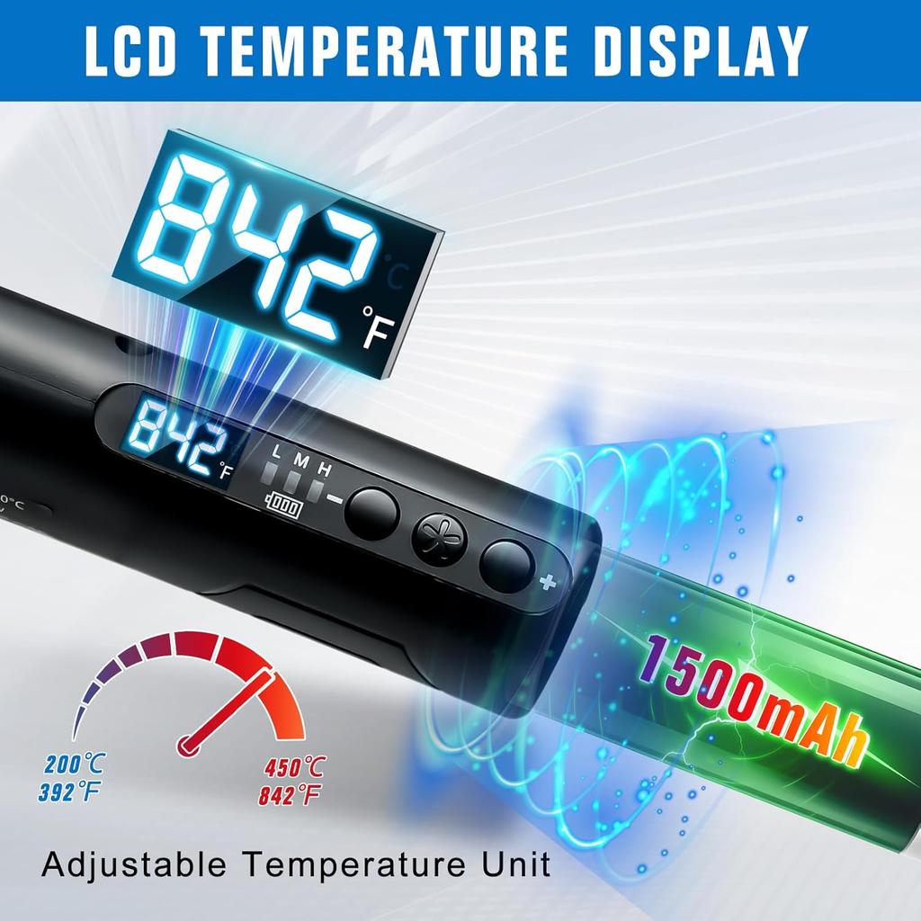 Soldering Iron Kit, Portable Soldering Gun with LED Digital Display, 392-842°F Adjustable Temperature Cordless Soldering Iron Pen Tool with 3