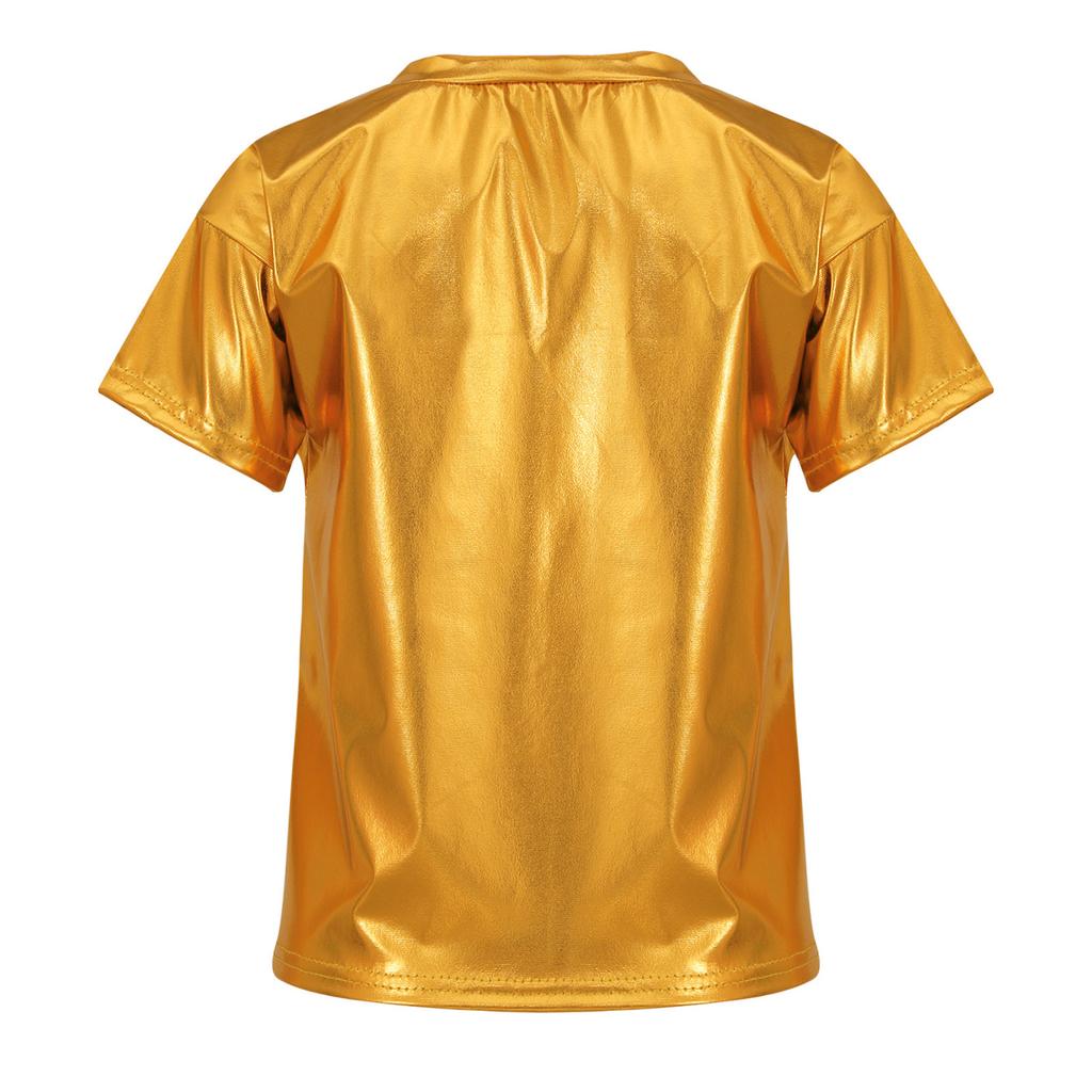Girls Metallic Shiny Short Sleeve T-Shirt Round Neck Dance Party Performance Top