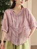 Johnature Women Embroidery Floral Shirts O-Neck Half Sleeve Tops Summer Solid Color Women Button Blouses