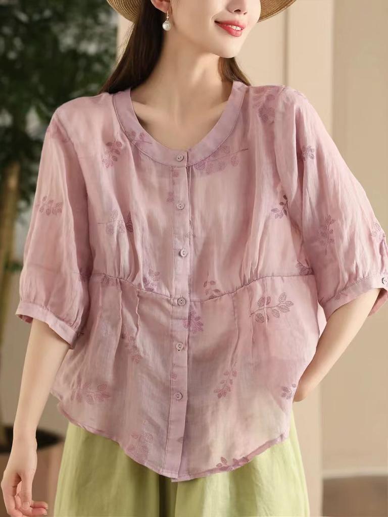 Johnature Women Embroidery Floral Shirts O-Neck Half Sleeve Tops Summer Solid Color Women Button Blouses
