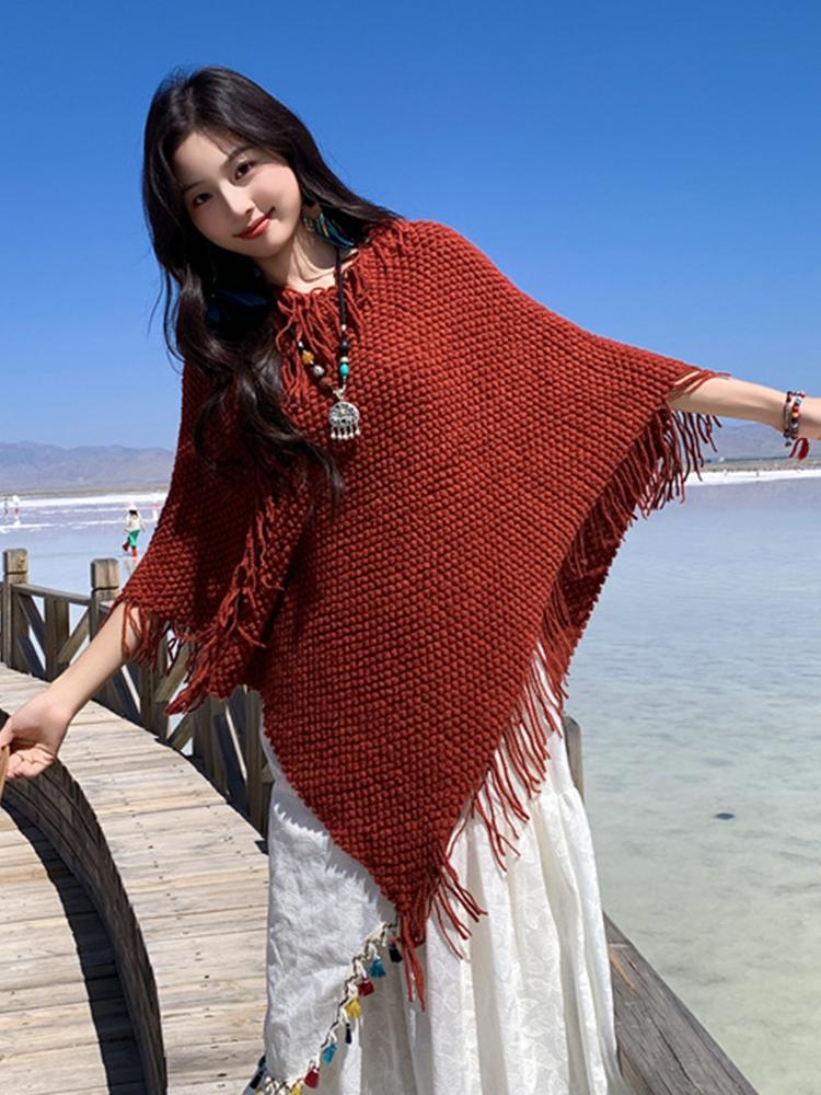 Winter Damen Schal Lagen Poncho Elegant Rote Quaste Pullover Wickel Schal Lässig Warm Schal Capa Para Mujer Pashmina Umhang Neu