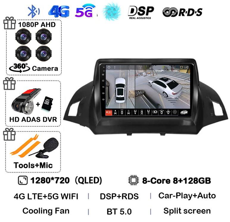 Radio multimedia con Android 14 y Carplay para Ford Kuga Escape 2013, 2014, 2015 y 2016, reproductor de vídeo, GPS, estéreo, 4G, WIFI, unidad principal