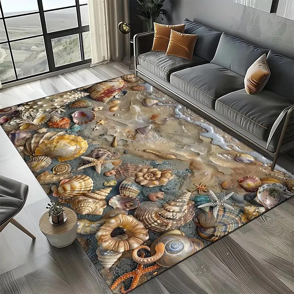 Starfish Beach Shell Sand Pattern Area Rug Coastal Ocean Carpet for Living Room Bedroom Kids Play Room Non-Slip Floor Mat