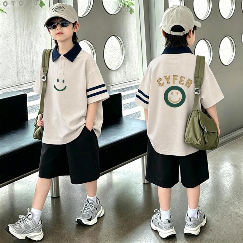 Boys' Korean Style Cotton Lapel T-Shirt & Shorts Set - Summer Casual Two-Piece Outfit for Medium and Large Children