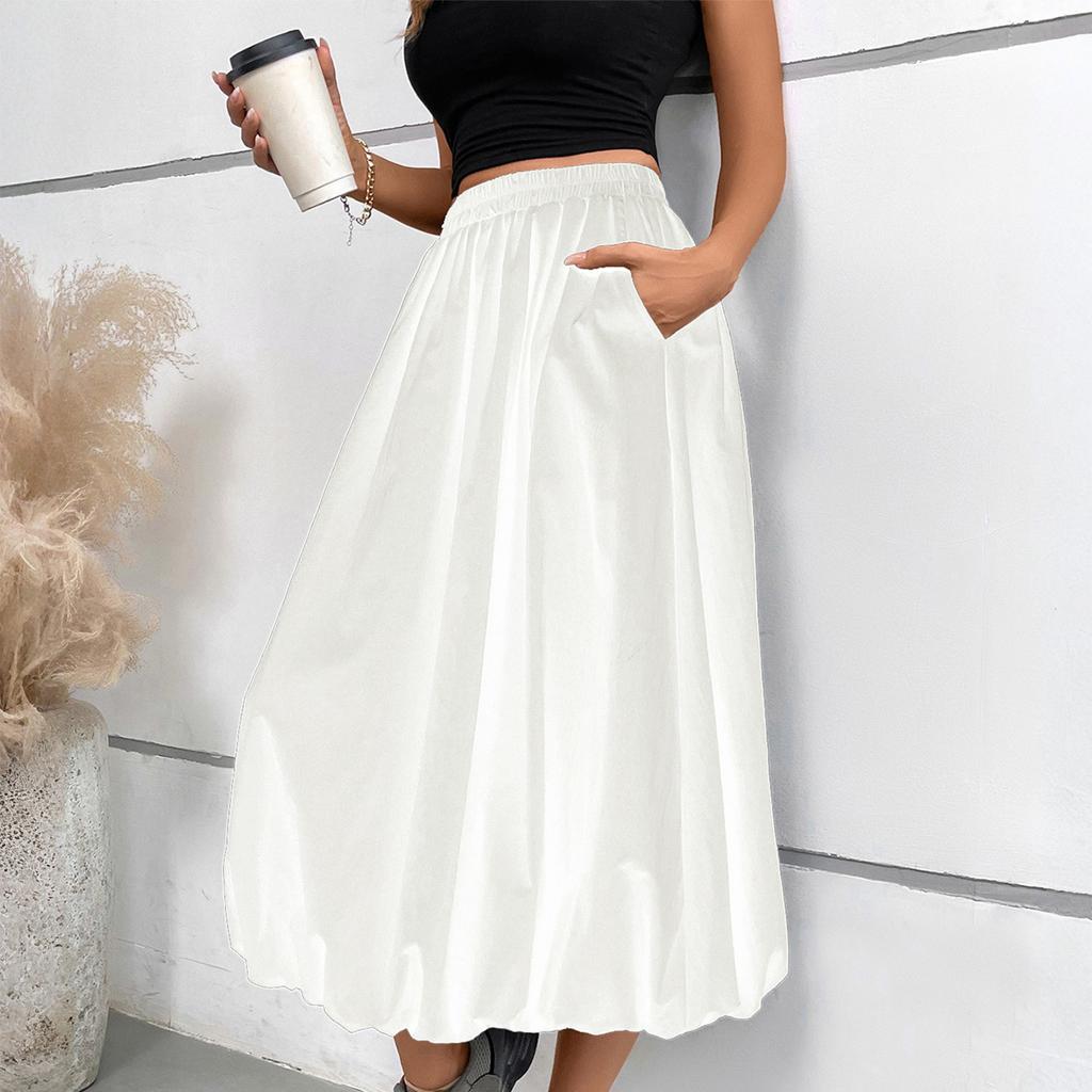 Damen Maxirock A-Linie mit hoher Taille und Taschen Elastischer Bund Lockere Passform Lässiger Langer Rock für den Alltag