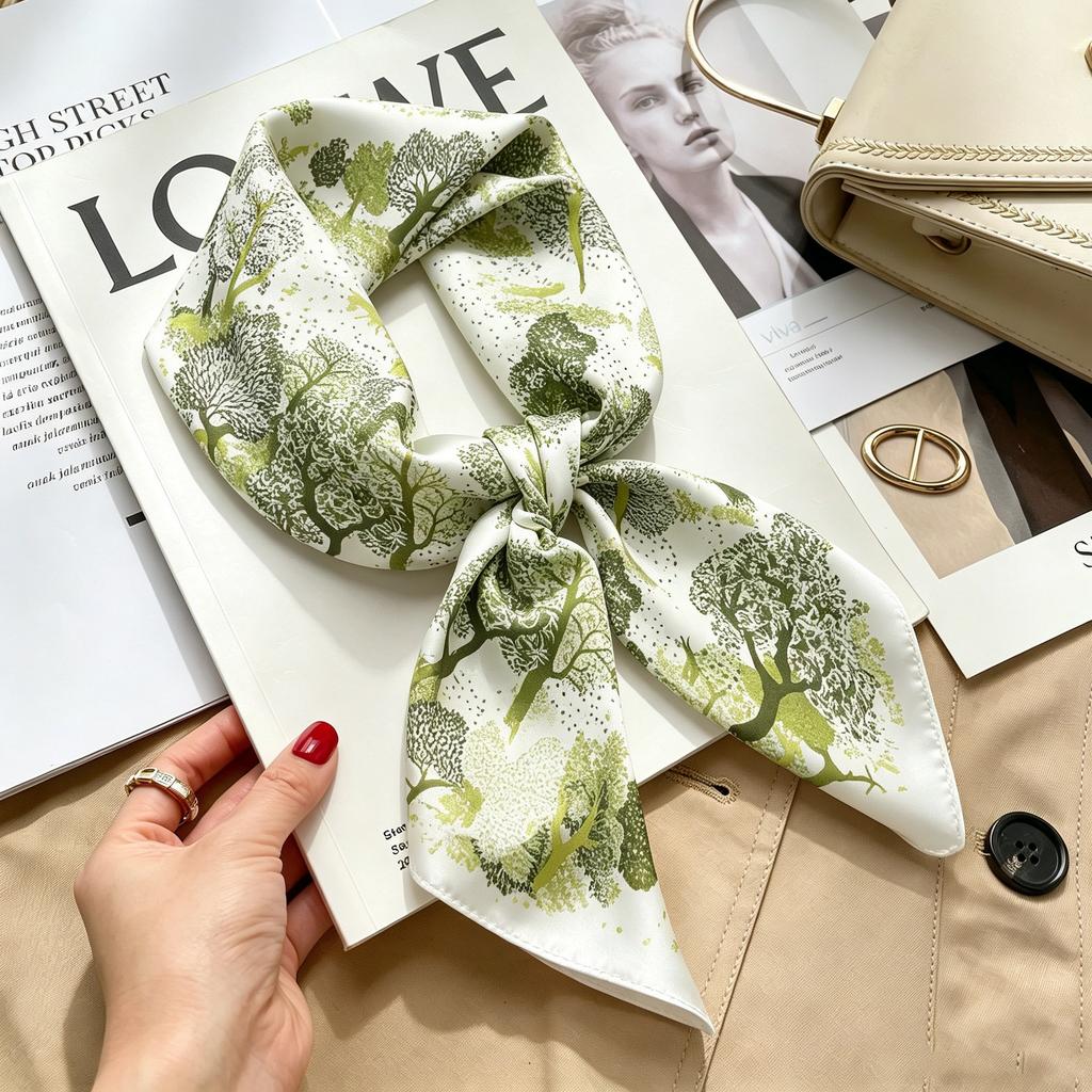 Commuter elegant flower silk scarf women's contrasting color retro printing satin scarf shirt with multi-purpose decorative small scarf