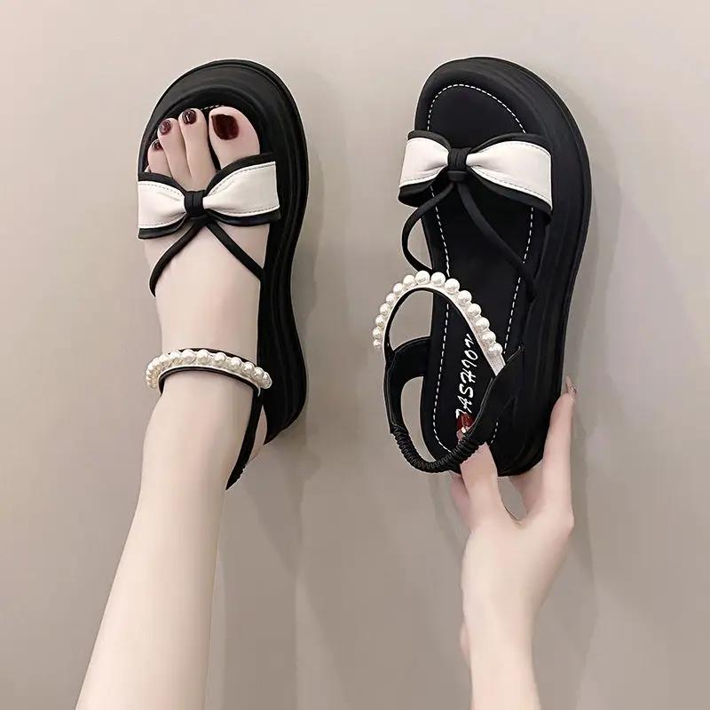 Fashion Summer Round Toe Tip Pearl Woman Shoes 2025 Comfortable Daily Luxury Sandal Wholesale High Quality Korea Vip Sandals for Women