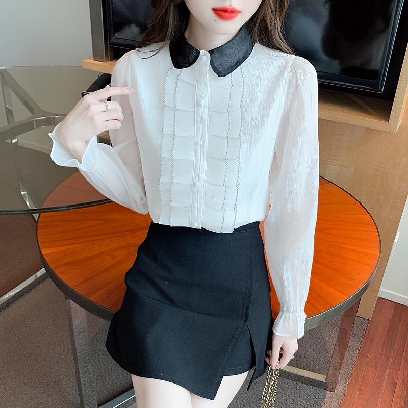 New 2024 Fashion Autumn Long Sleeve Doll Collar Casual Apricot Chiffon Blouse Shirt Women Tops Blouses Shirts J504