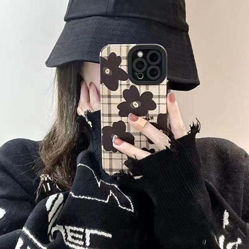 INS Black Camellia Silicone Leather Phone Case For iPhone 11 12 13 14 15 Pro Max Mini SE X XS Max XR 8 7 Plus Shockproof Cover