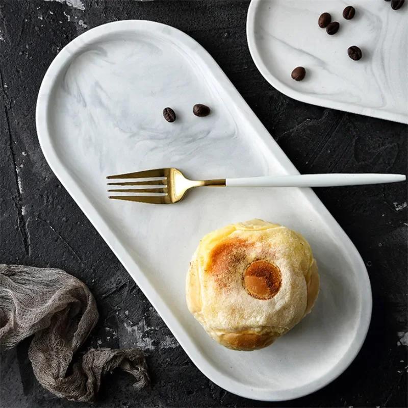 Nordic Creative White Marble Ceramic Jewelry Storage Tray Oval Ellipse Fruit Tray Decorative Plate Food Dessert Dish Tableware