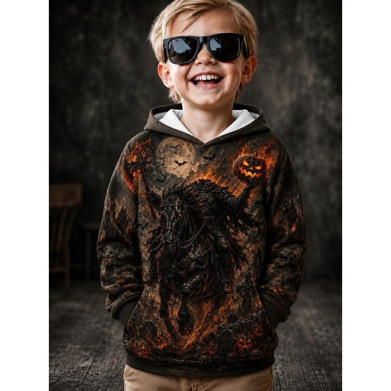 2026 Halloween Boys' 3D Graphic Skull Hoodie Pullover Long Sleeve Spring Sports Fashion Streetwear Kids 4-7 Years Hooded Casual