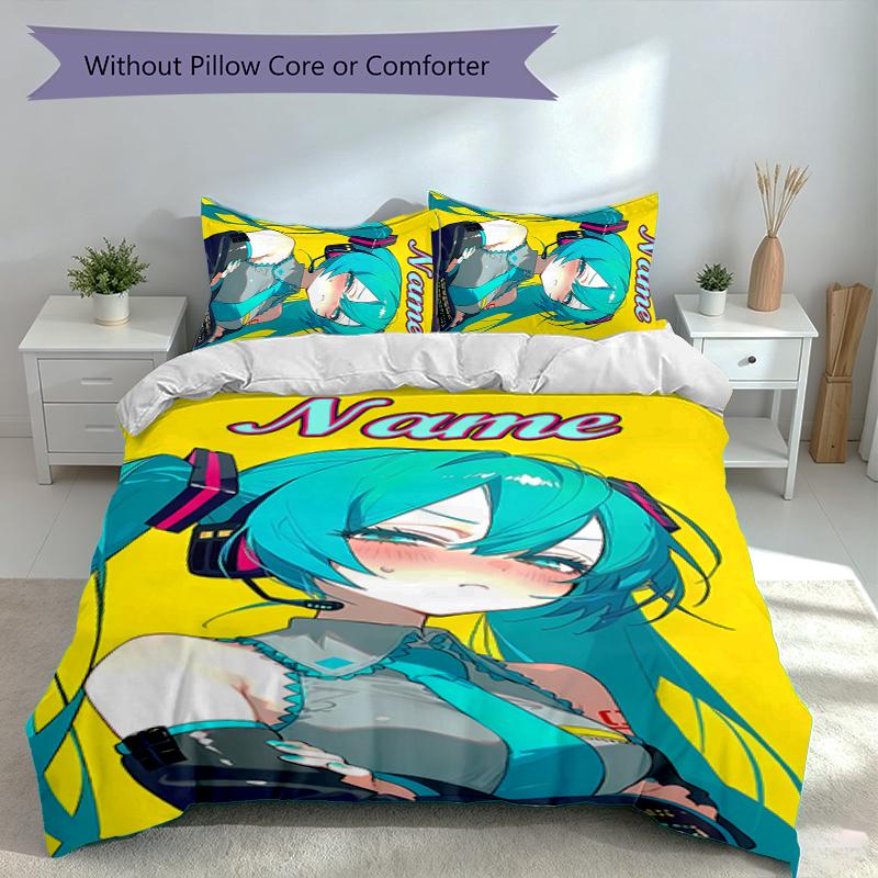 3pcs Custom Name Hatsune Miku Set,Includes 1 Duvet Cover and 2 Pillowcases,All-season Bedroom Decor