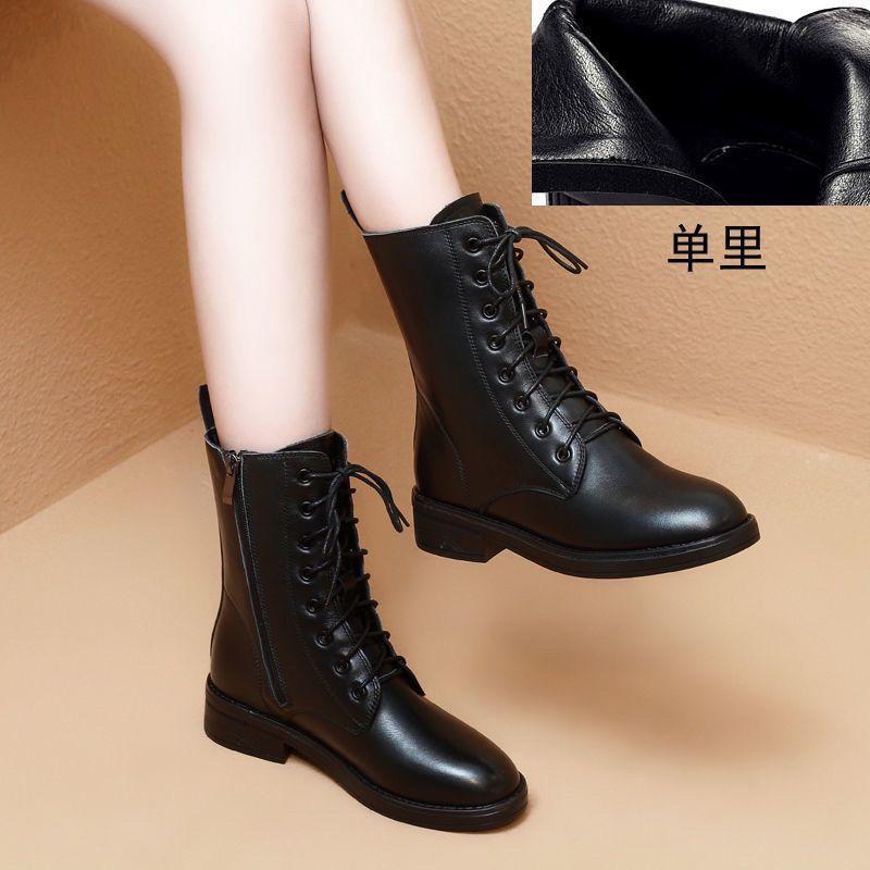 Leather Martin boots women's British style short boots 2025 autumn and winter velvet new low-heeled high-top shoes large-size medium boots