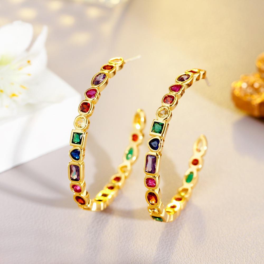 Women's Trendy Bohemia Jewelry Colorful Rainbow Cubic Zirconia Gold Plated Big Circle Hoop Earrings for Party Fashionable Gifts