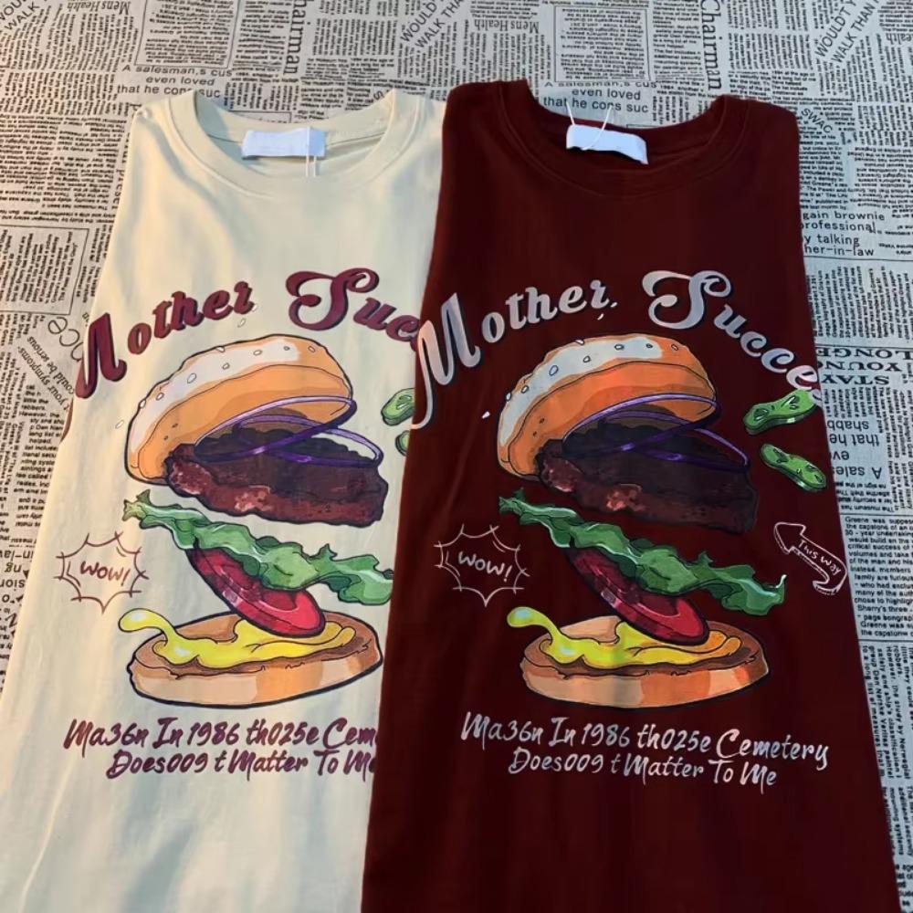 Lezzetli Burger Amerikan Retro Eğlenceli Baskılı Kısa Kollu Tişört Erkekler Kadınlar Sokak Bol Çok Yönlü Yarım Kollu Komik Tişört