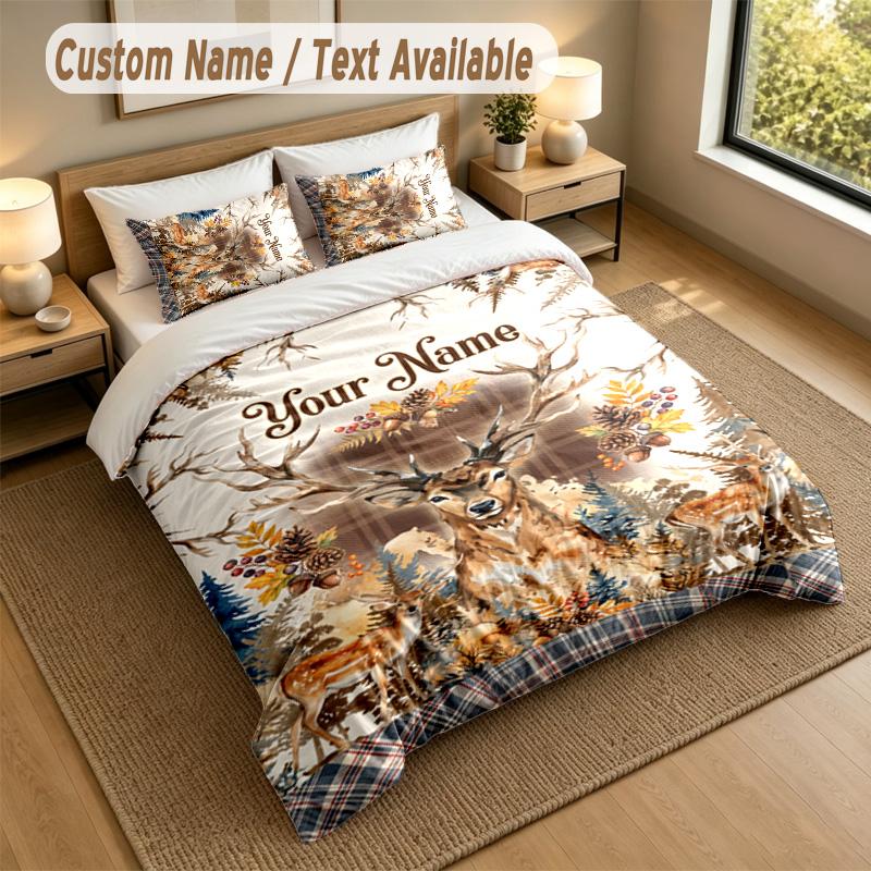 Deer Theme Personalized 3Pcs Bedding Set Custom Text & Name 1 Sheet 2 Pillowcases Household Bedding 1pc