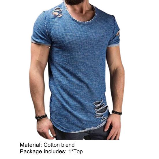 Summer T-shirt Solid Color Short Sleeve Cotton Blend Hole Design Top Pullover for Men T-shirt