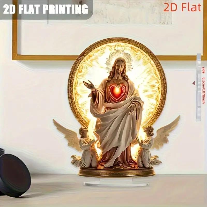 Scultura Acrilica Sacro Cuore di Gesù con Base Opera d'Arte Religiosa Tradizionale Aureola Dorata e Angelo Decorazione da Scrivania