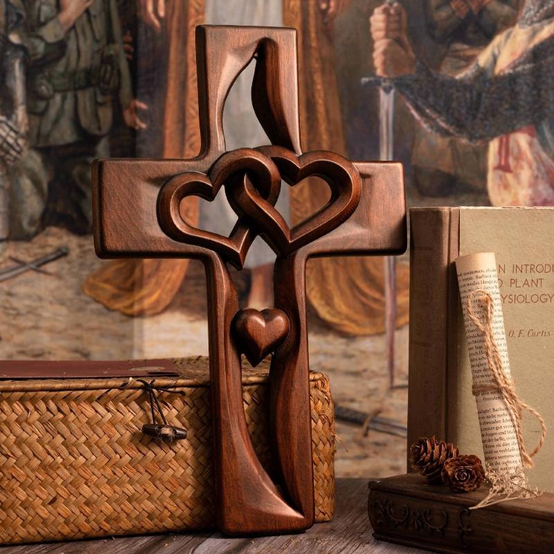 Vintage Handcrafted Wooden Wall Cross Intertwined Heart Design Solid Wood Home Decor Perfect for Wall Hanging Decoration