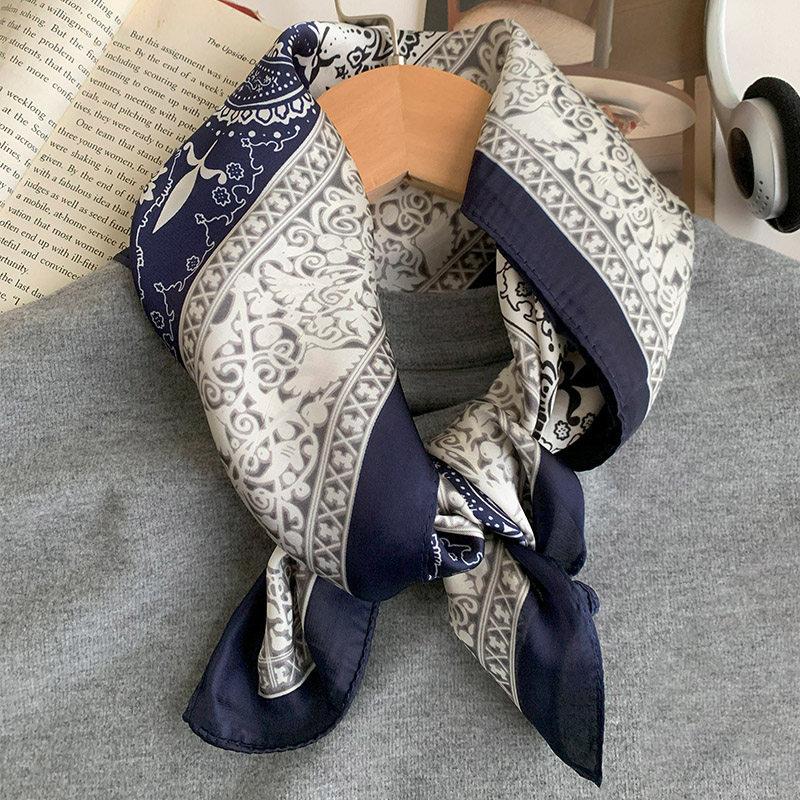 French retro printed silk scarf women's summer thin decorative bag head scarf high-end strap tube top breathable square scarf