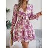 Women's Autumn/winter Casual Flower Lace-up Long Sleeve A-line Dress with Wooden Ear Trim
