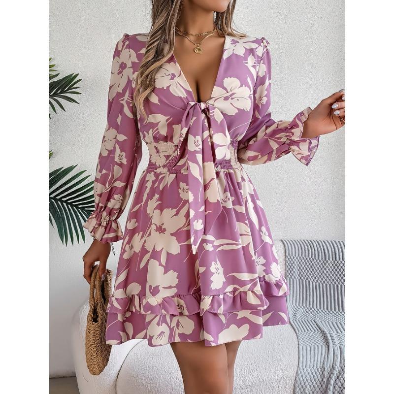 Women's Autumn/winter Casual Flower Lace-up Long Sleeve A-line Dress with Wooden Ear Trim
