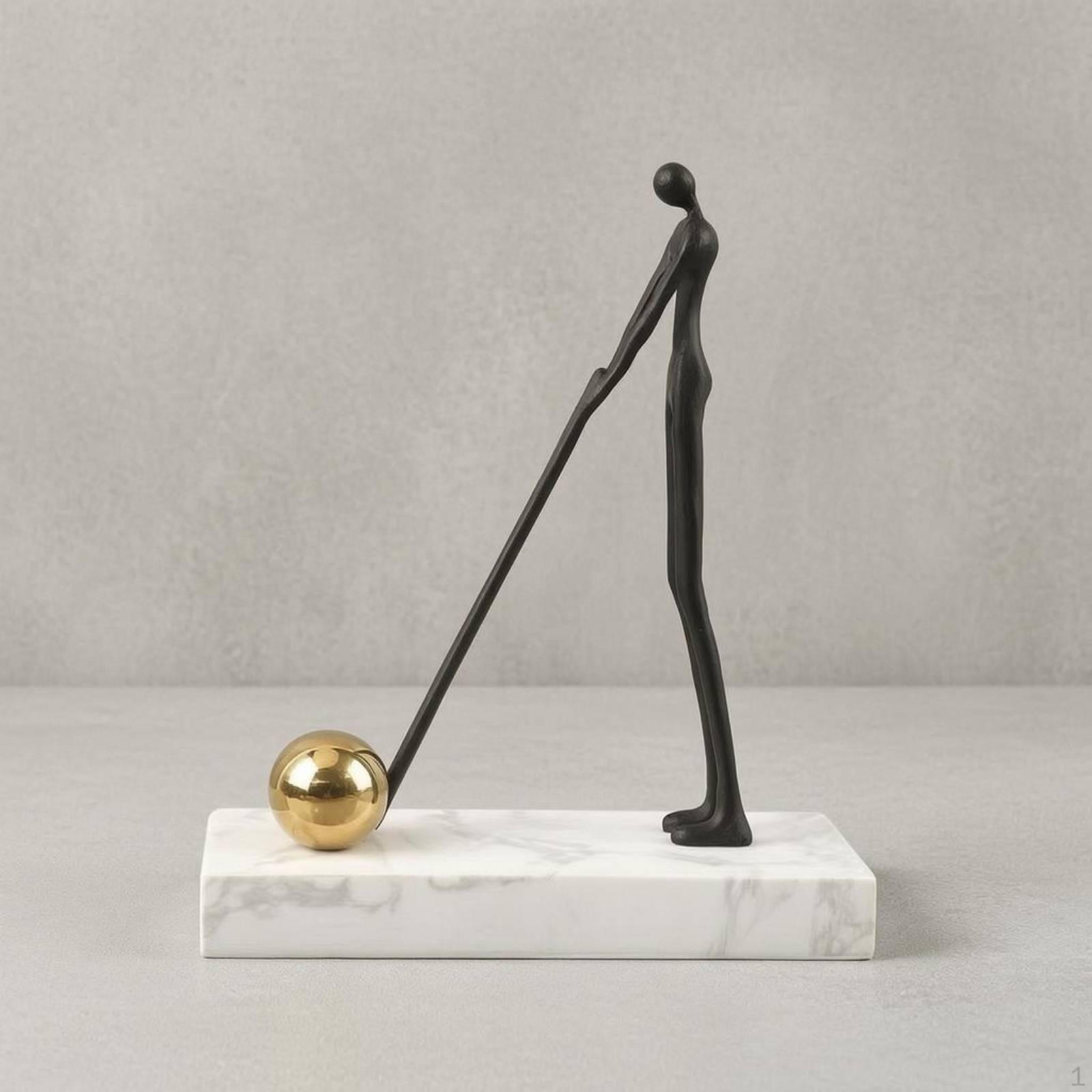 Abstract Golfer Statue Minimalist Metal Figure Slender Marble Base Ornament for Living Room,