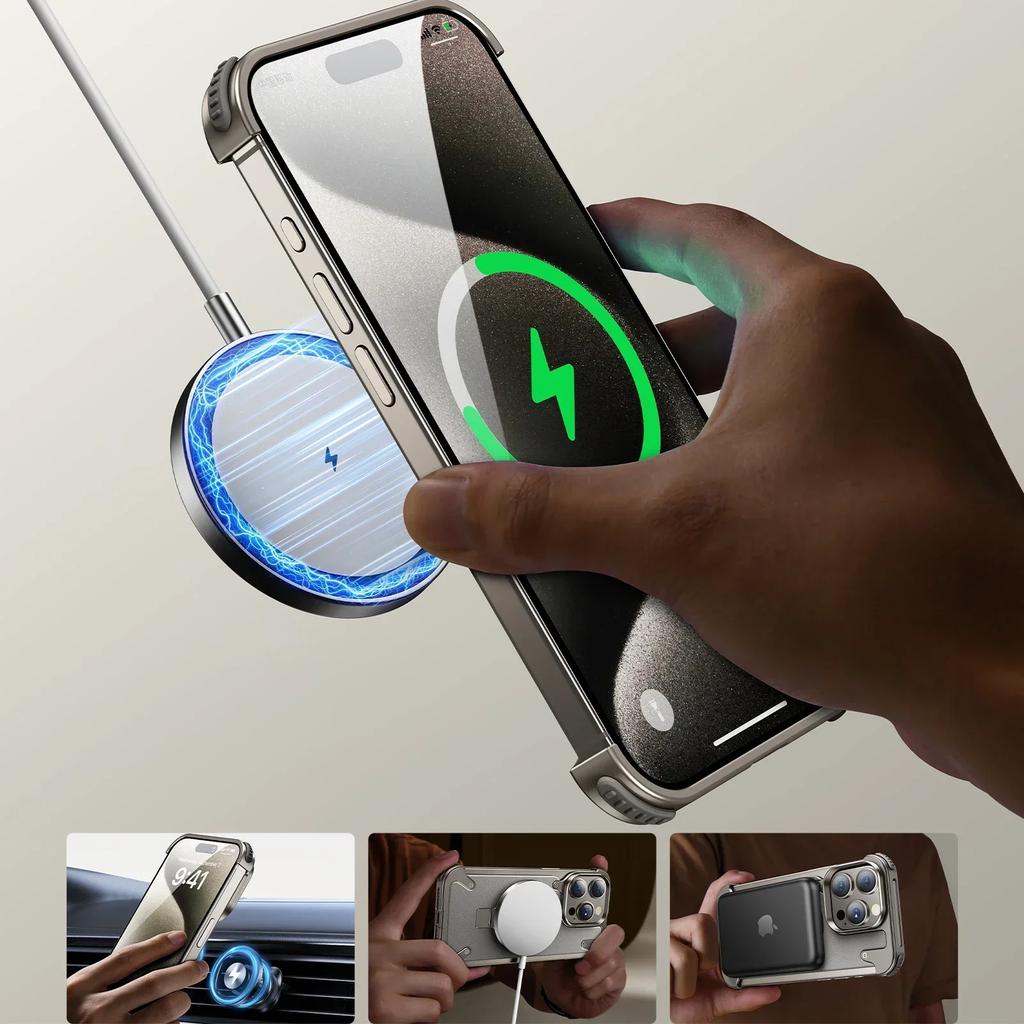 Leather Phone Case for iPhone 15 14 13 12 Pro Max 15 Plus With 360° Holder Frameless for MagSafe Wireless Charging Bumper