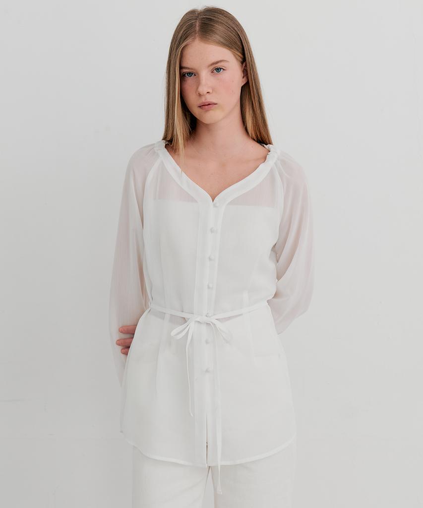 ITOV SEOUL Shirred Belted Blouse White